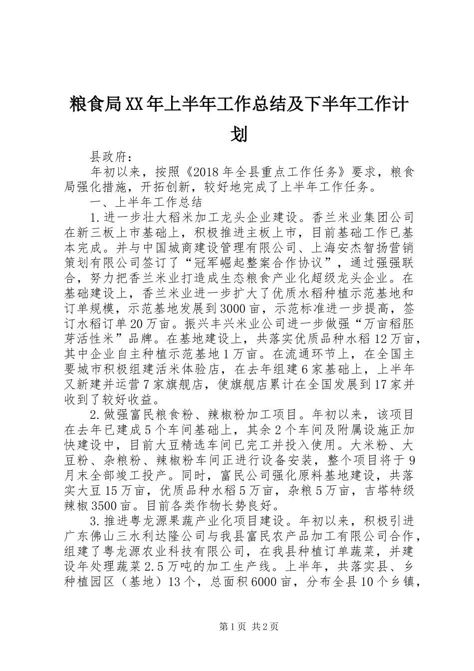 粮食局XX年上半年工作总结及下半年工作计划_第1页