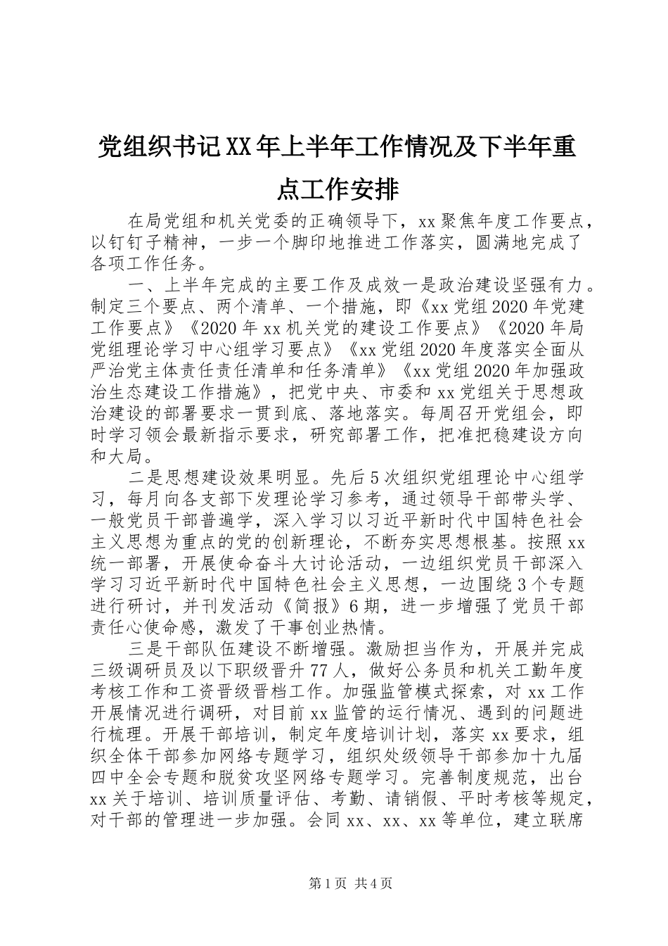 党组织书记XX年上半年工作情况及下半年重点工作安排_第1页