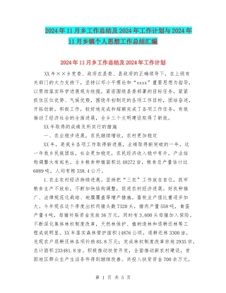 2024年11月乡工作总结及2024年工作计划与2024年11月乡镇个人思想工作总结汇编