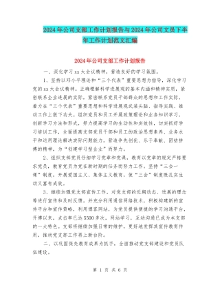 2024年公司支部工作计划报告与2024年公司文员下半年工作计划范文汇编
