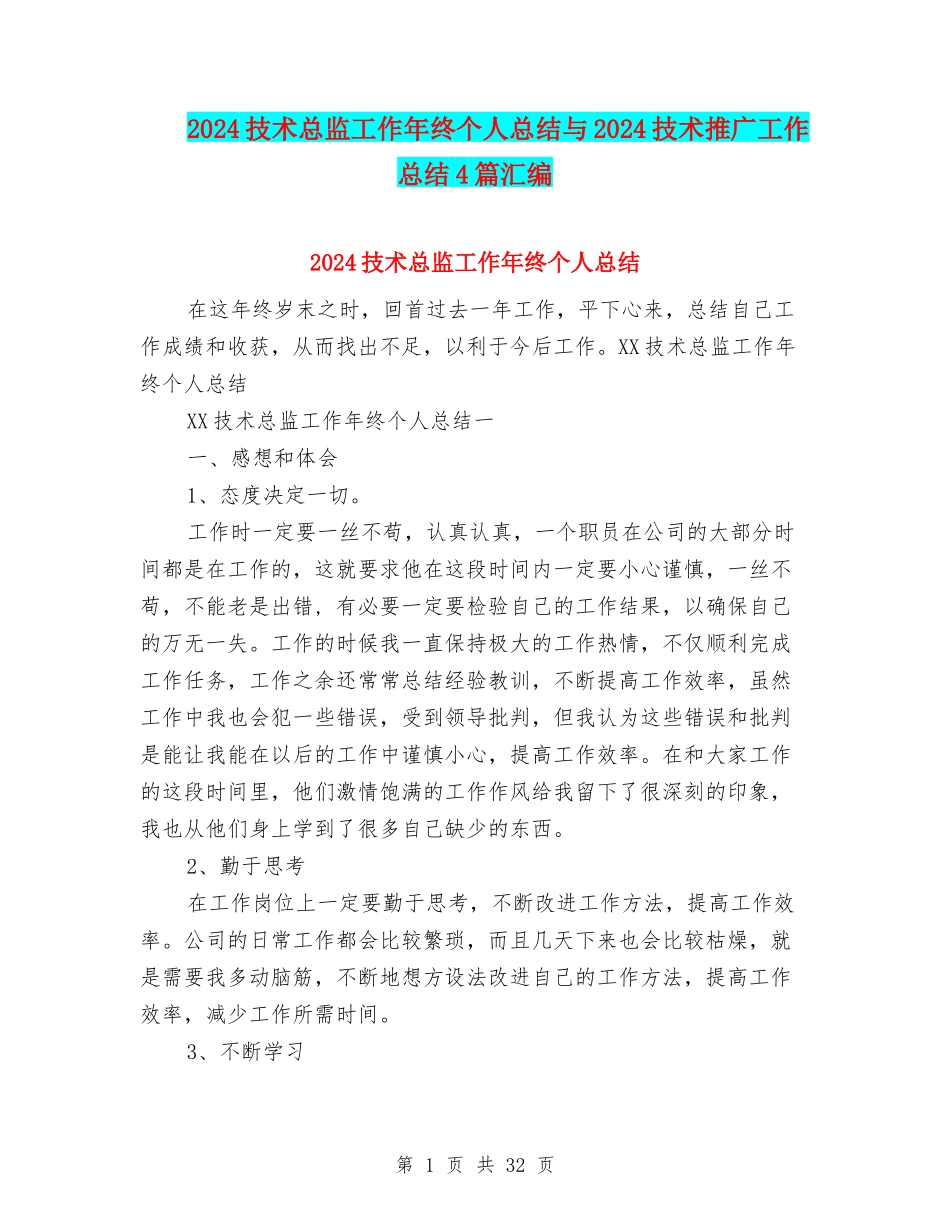 2024技术总监工作年终个人总结与2024技术推广工作总结4篇汇编_第1页