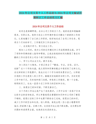 2024年公司文员个人工作总结与2024年公司文秘试用期转正工作总结范文汇编