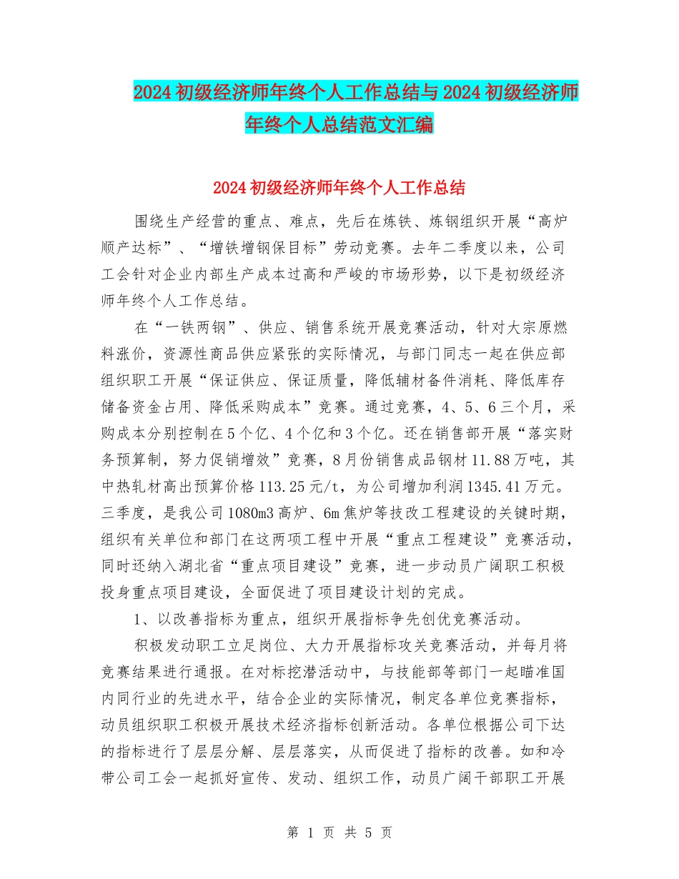 2024初级经济师年终个人工作总结与2024初级经济师年终个人总结范文汇编_第1页