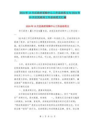 2024年10月区政府采购中心工作总结范文与2024年10月区民政局工作总结范文汇编
