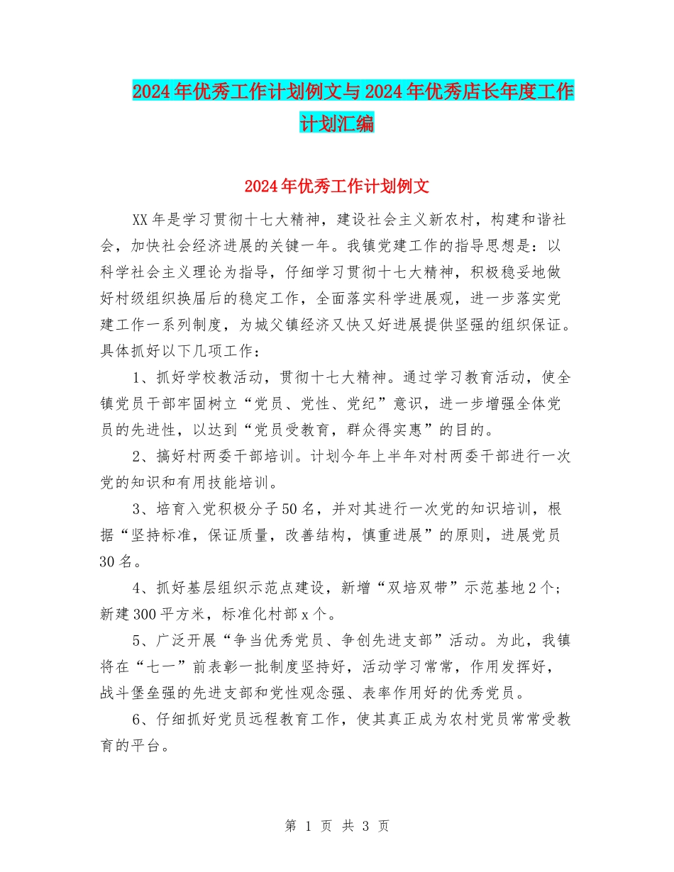 2024年优秀工作计划例文与2024年优秀店长年度工作计划汇编_第1页