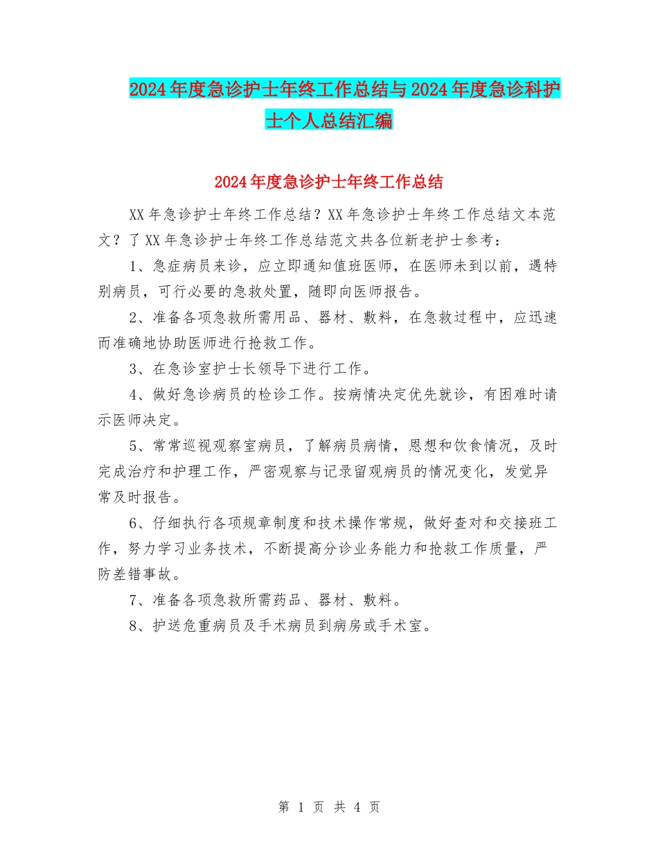 2024年度急诊护士年终工作总结与2024年度急诊科护士个人总结汇编_第1页