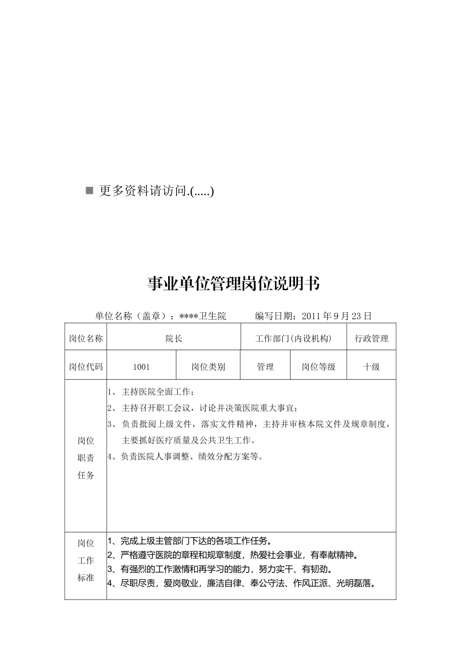 某卫生院各岗位职责说明书_第1页