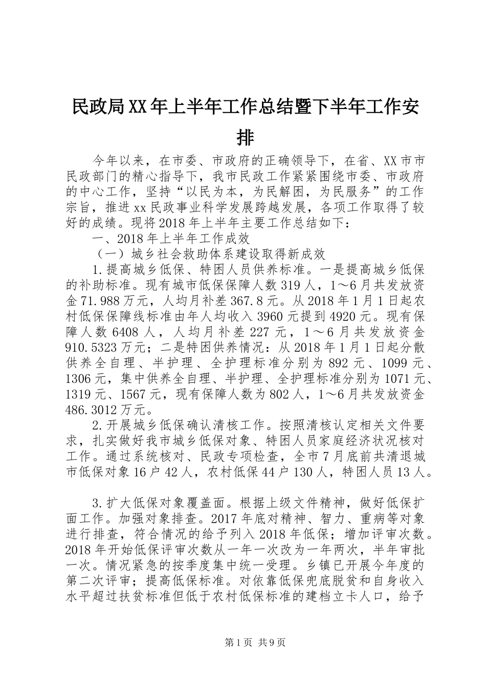 民政局XX年上半年工作总结暨下半年工作安排_第1页