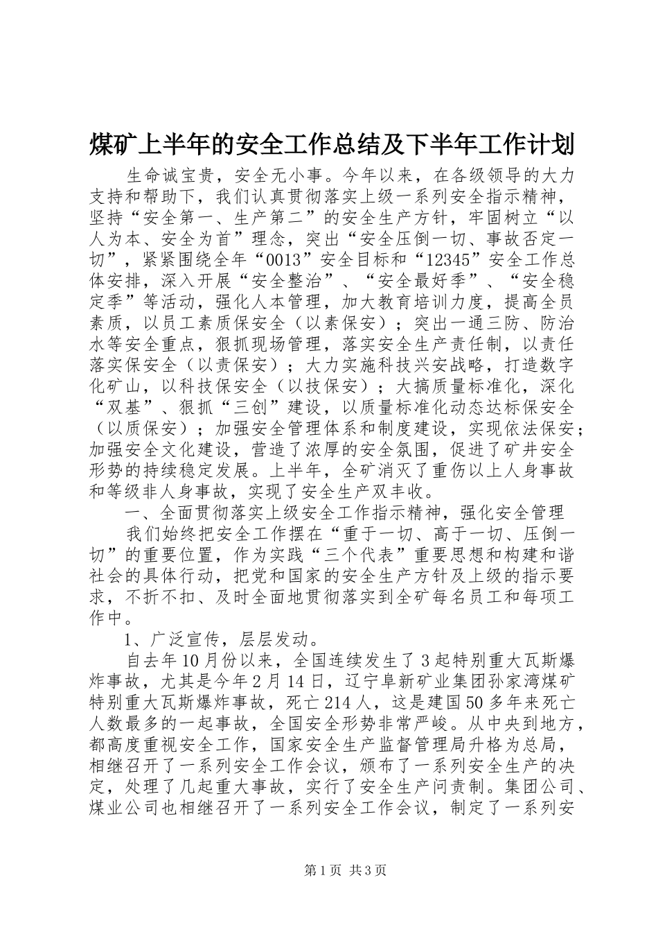 煤矿上半年的安全工作总结及下半年工作计划_第1页
