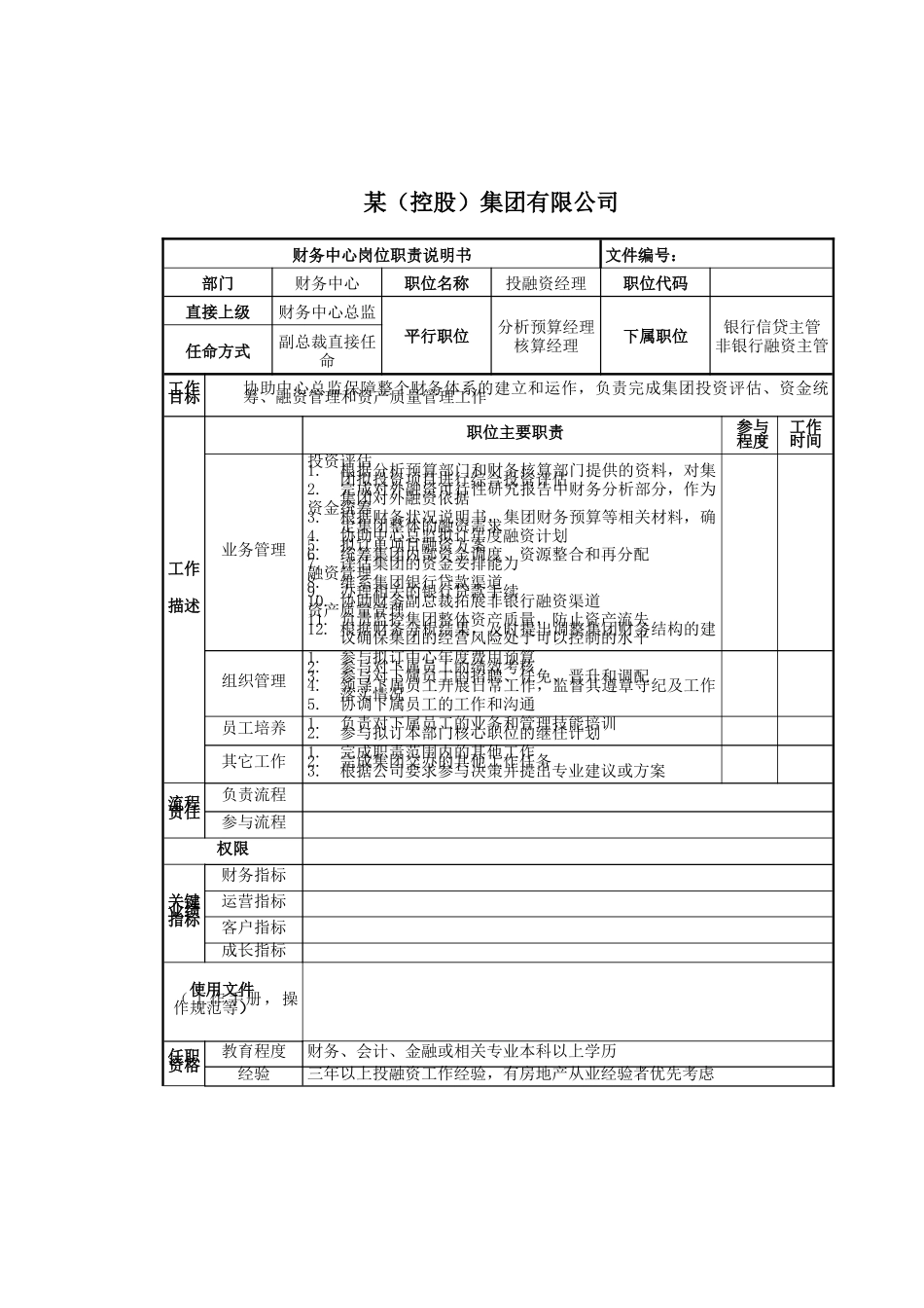 投融资经理岗位说明书_第1页
