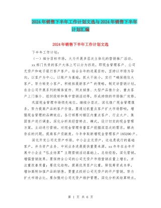 2024年销售下半年工作计划文选与2024年销售下半年计划汇编