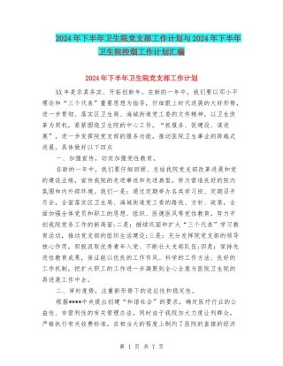 2024年下半年卫生院党支部工作计划与2024年下半年卫生院控烟工作计划汇编
