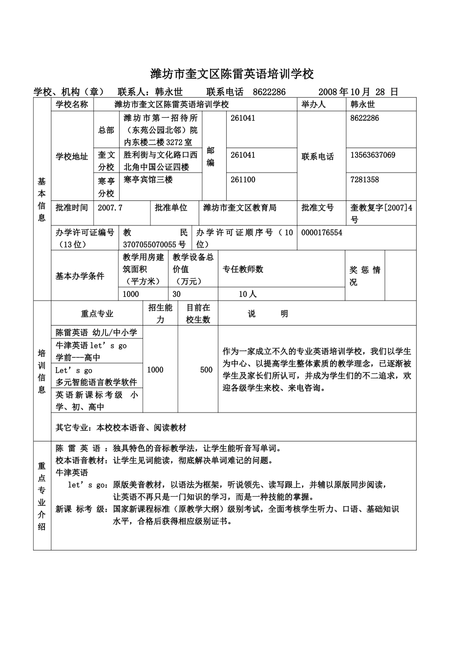 潍坊陈雷英语培训学校情况简介_第1页