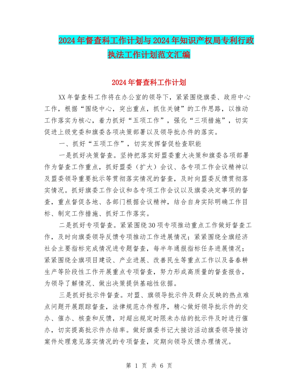 2024年督查科工作计划与2024年知识产权局专利行政执法工作计划范文汇编_第1页