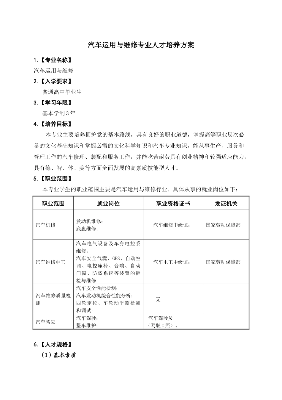 汽车运用与维修专业人才培养方案-汽车运用与维修专业_第1页