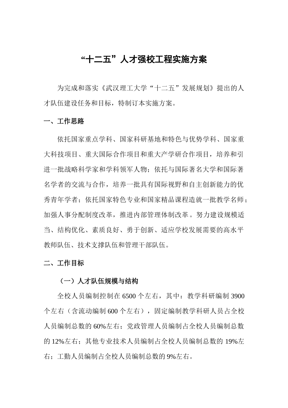 武汉理工大学“十二五”人才强校工程实施方案_第1页