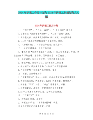 2024年护理工作月计划与2024年护理工作规划范文汇编