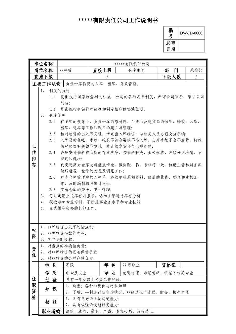 某中型制造业库管岗位说明书及KPI指标_第1页