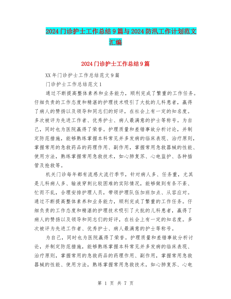 2024门诊护士工作总结9篇与2024防汛工作计划范文汇编_第1页