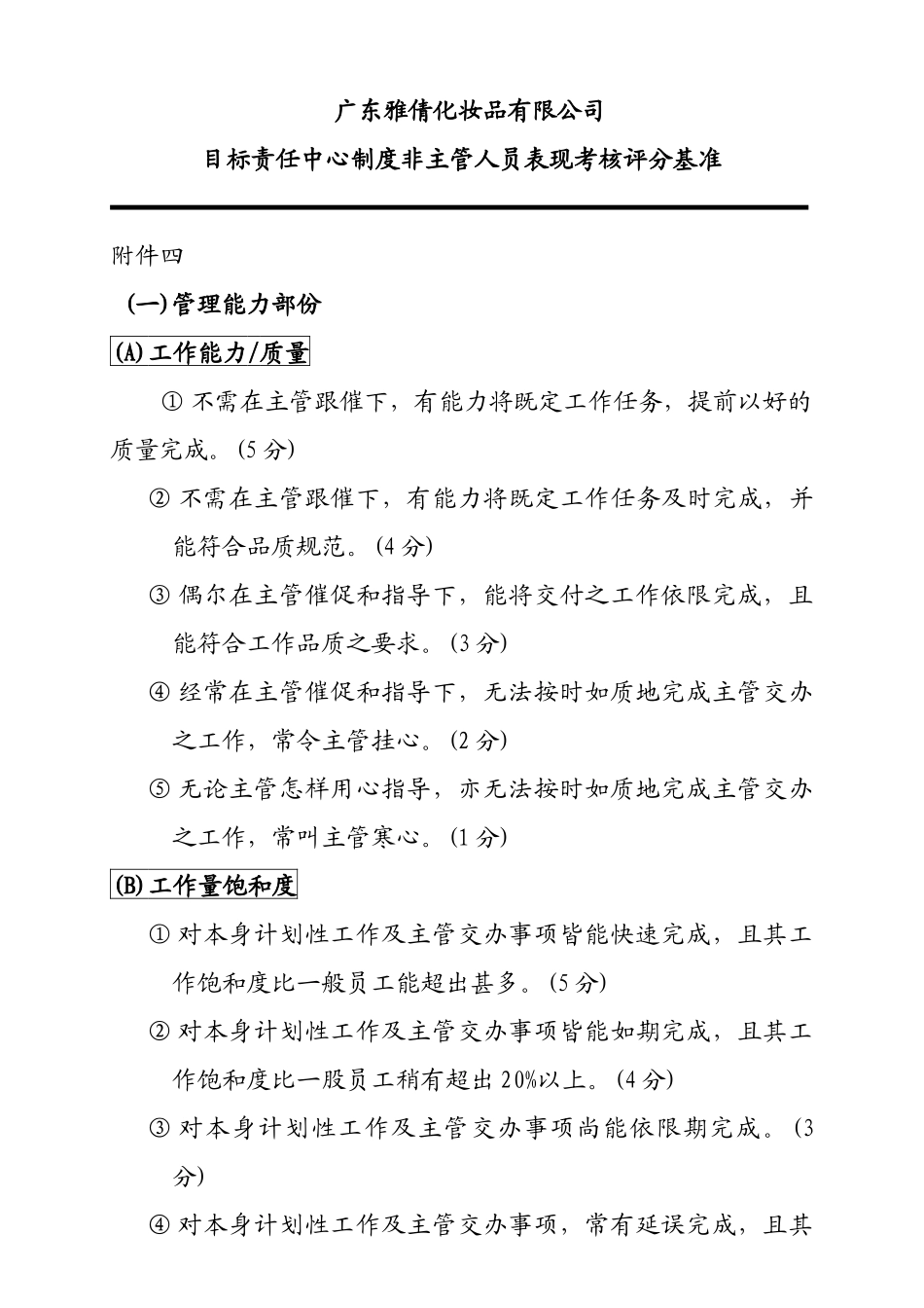 某化妆品公司非主管人员表现考核评分基准_第1页