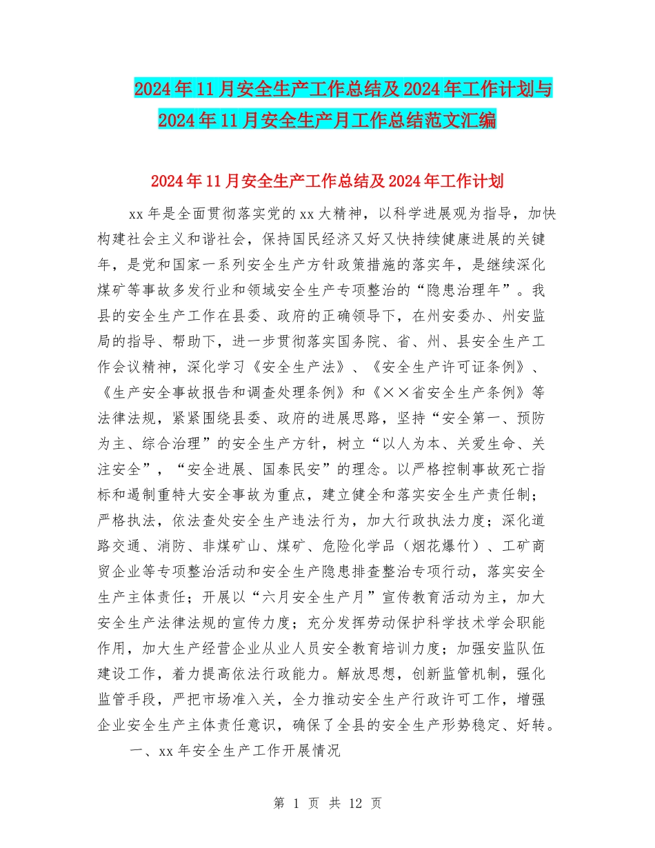 2024年11月安全生产工作总结及2024年工作计划与2024年11月安全生产月工作总结范文汇编_第1页