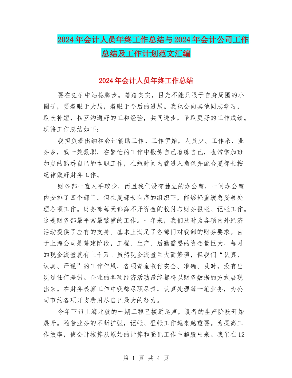 2024年会计人员年终工作总结与2024年会计公司工作总结及工作计划范文汇编_第1页