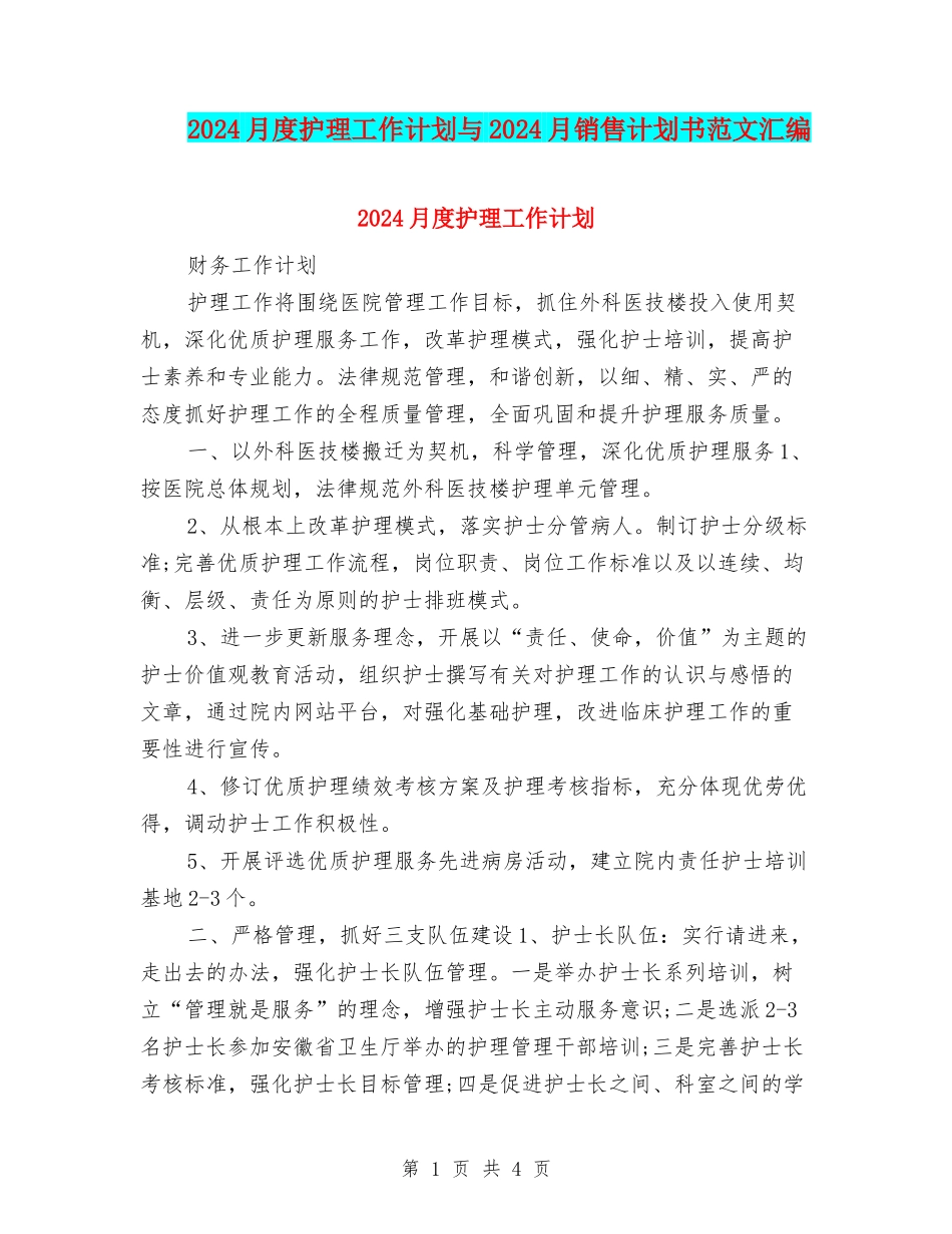 2024月度护理工作计划与2024月销售计划书范文汇编_第1页