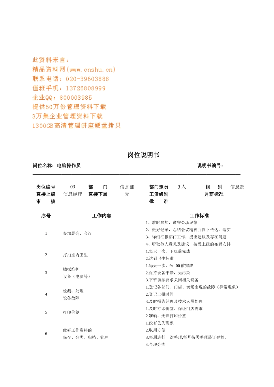 连锁企业电脑操作员岗位职务说明_第1页