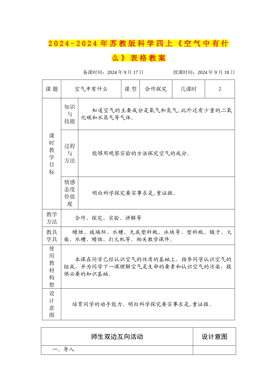 2024-2024年苏教版科学四上《空气中有什么》表格教案_第1页