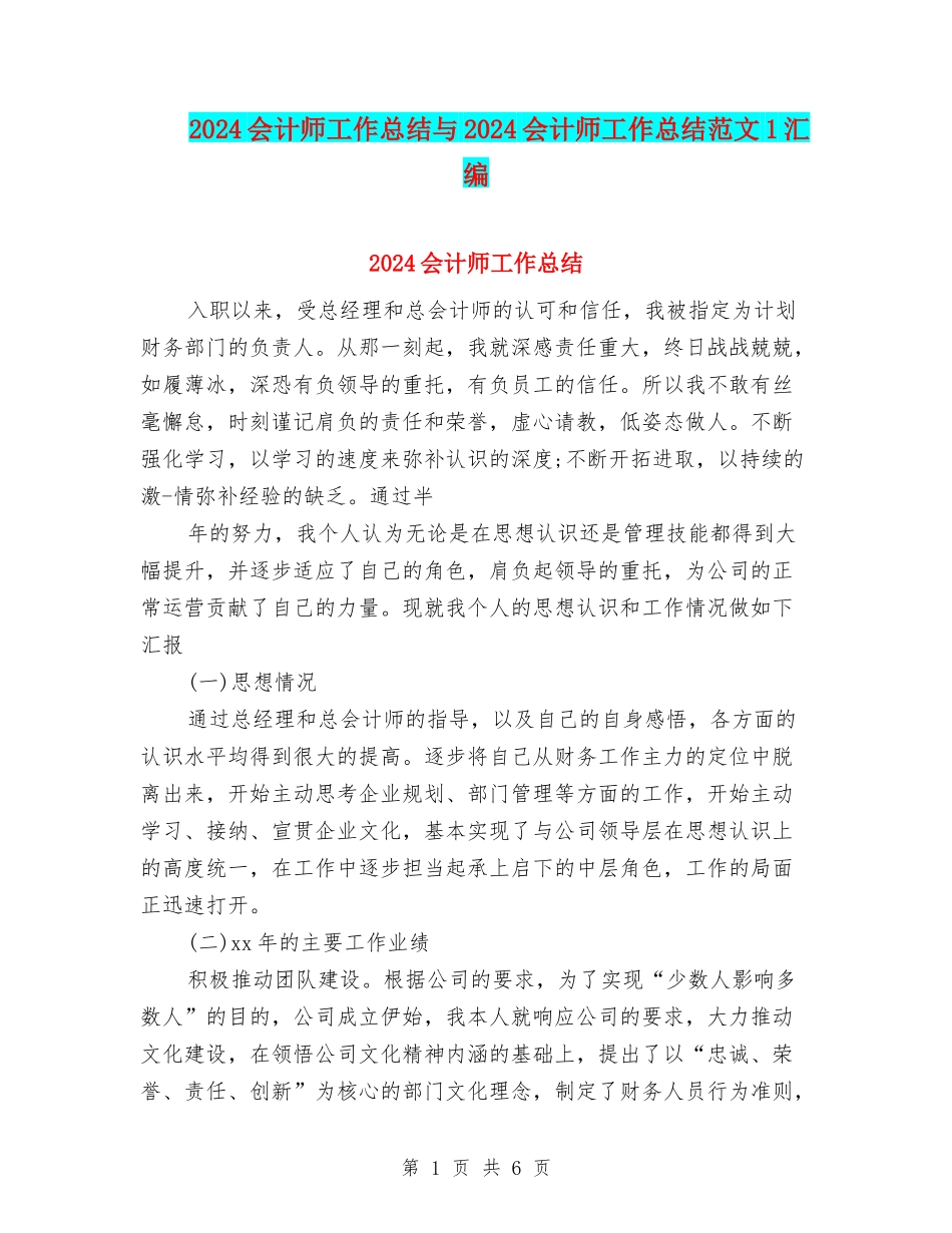 2024会计师工作总结与2024会计师工作总结范文1汇编_第1页