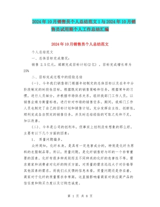2024年10月销售员个人总结范文1与2024年10月销售员试用期个人工作总结汇编