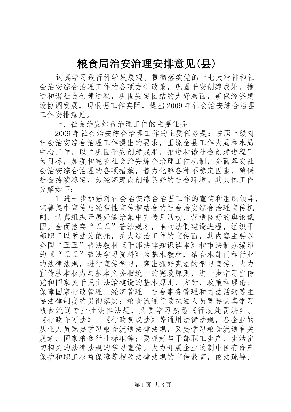 粮食局治安治理安排意见(县)_第1页