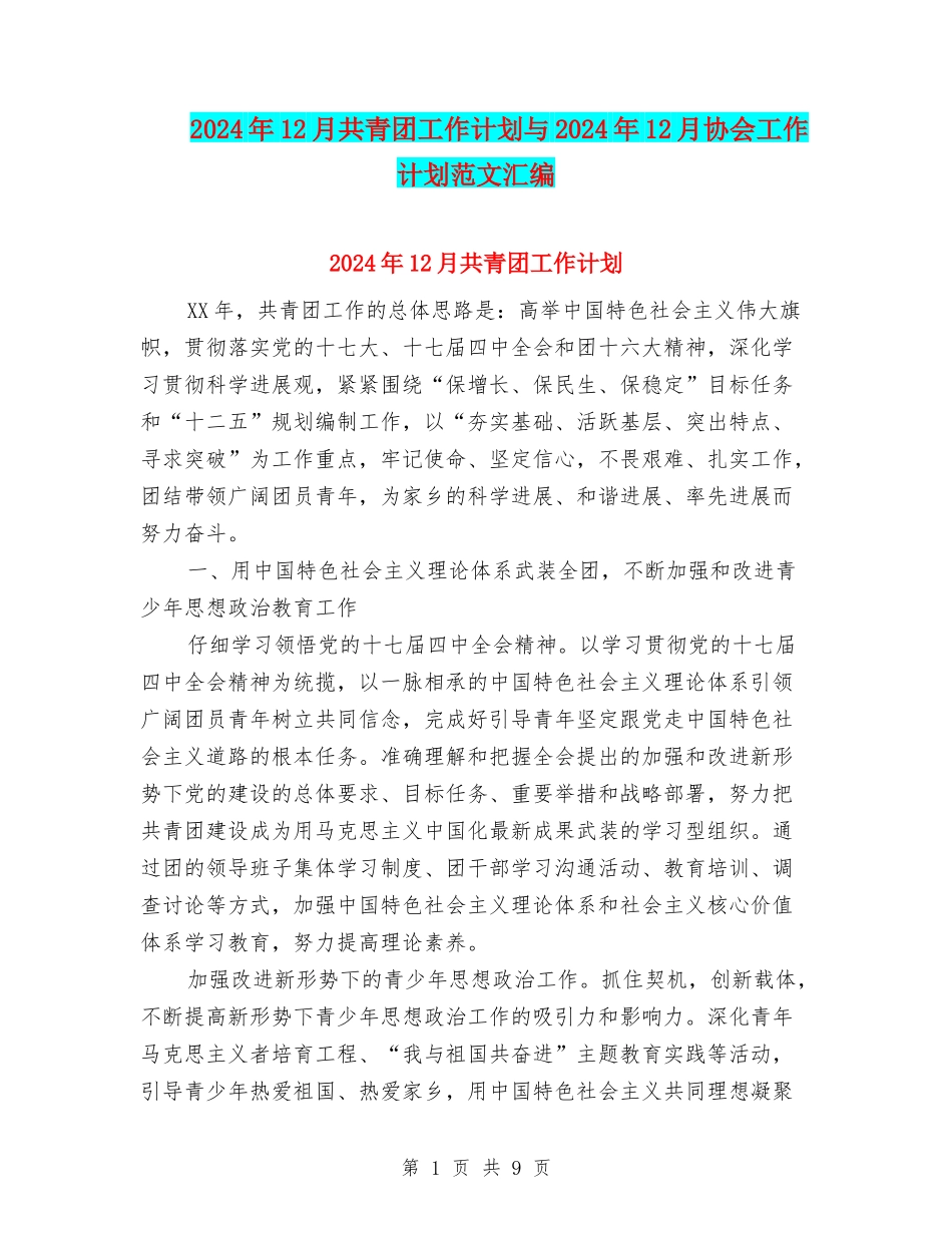 2024年12月共青团工作计划与2024年12月协会工作计划范文汇编_第1页