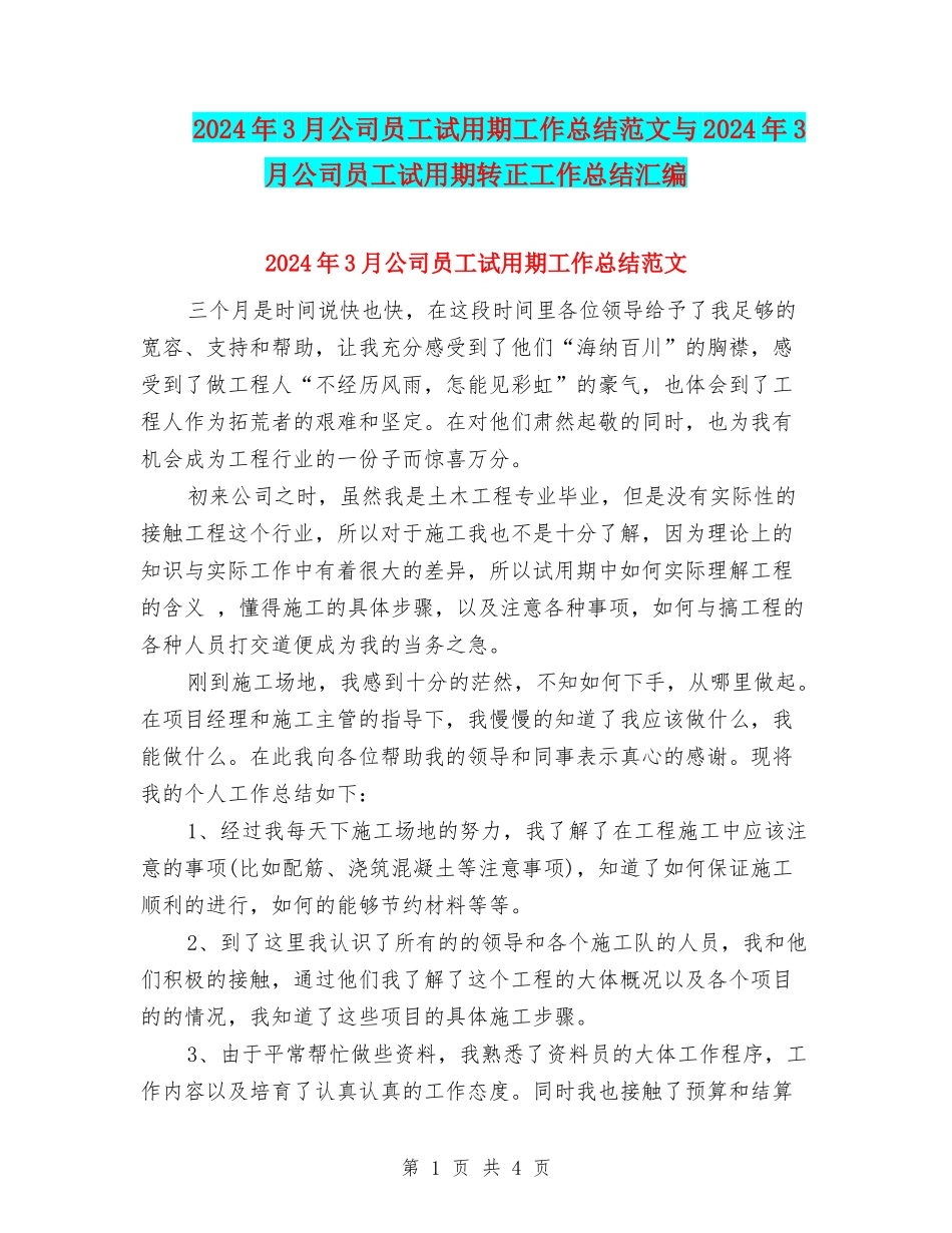 2024年3月公司员工试用期工作总结范文与2024年3月公司员工试用期转正工作总结汇编_第1页