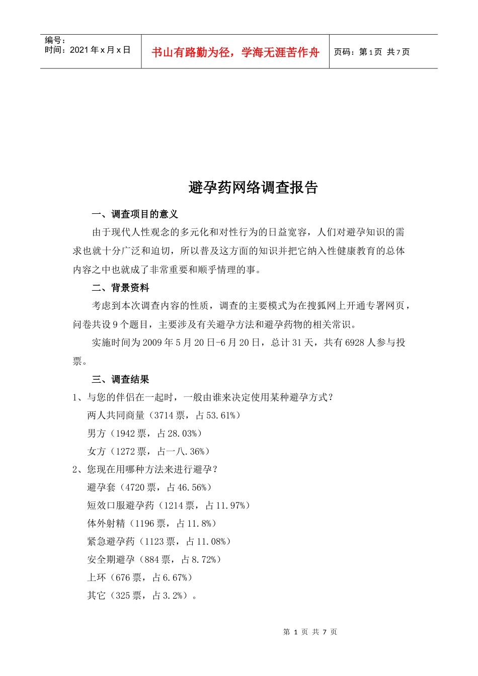 避孕药网络调查报告说明_第1页