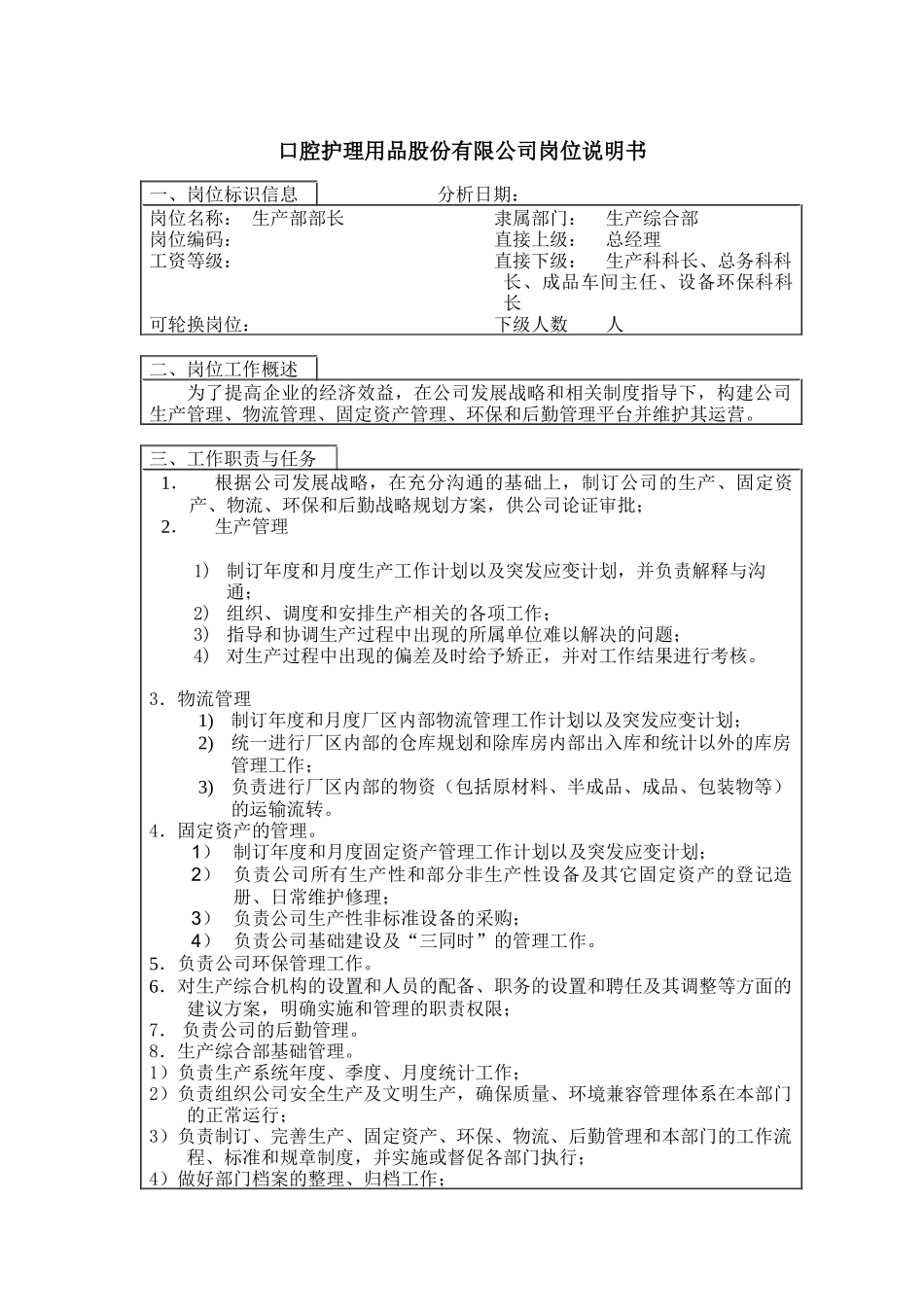 生产部部长岗位说明书_第1页