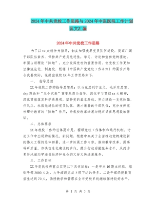 2024年中共党校工作思路与2024年中医医院工作计划范文汇编
