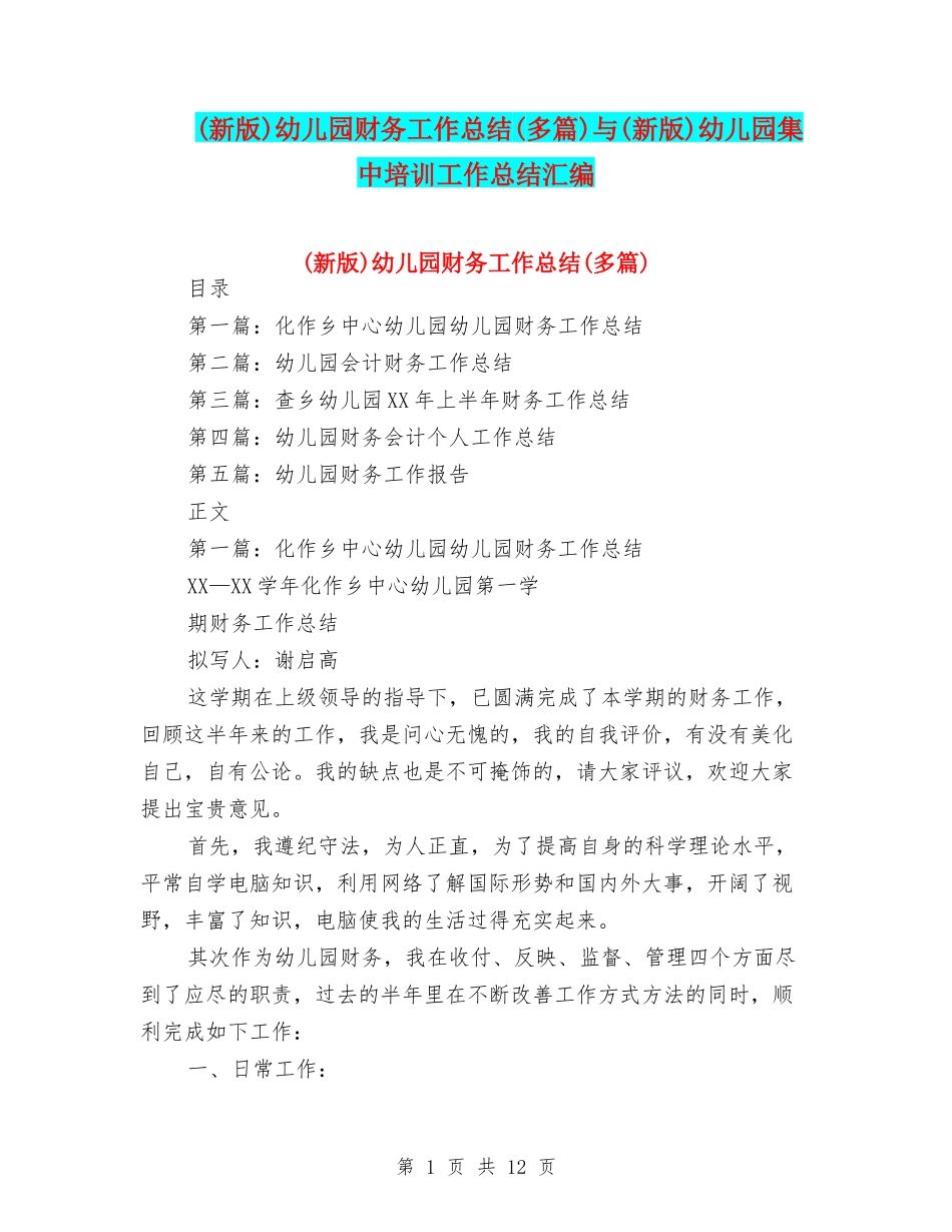 幼儿园财务工作总结(多篇)与(新版)幼儿园集中培训工作总结汇编_第1页
