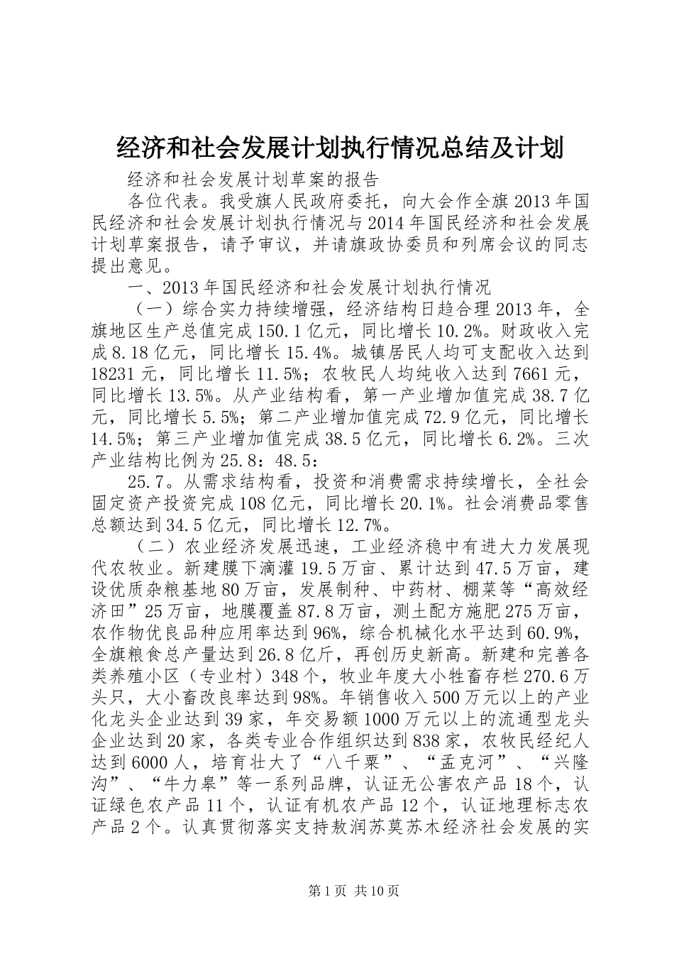 经济和社会发展计划执行情况总结及计划_第1页