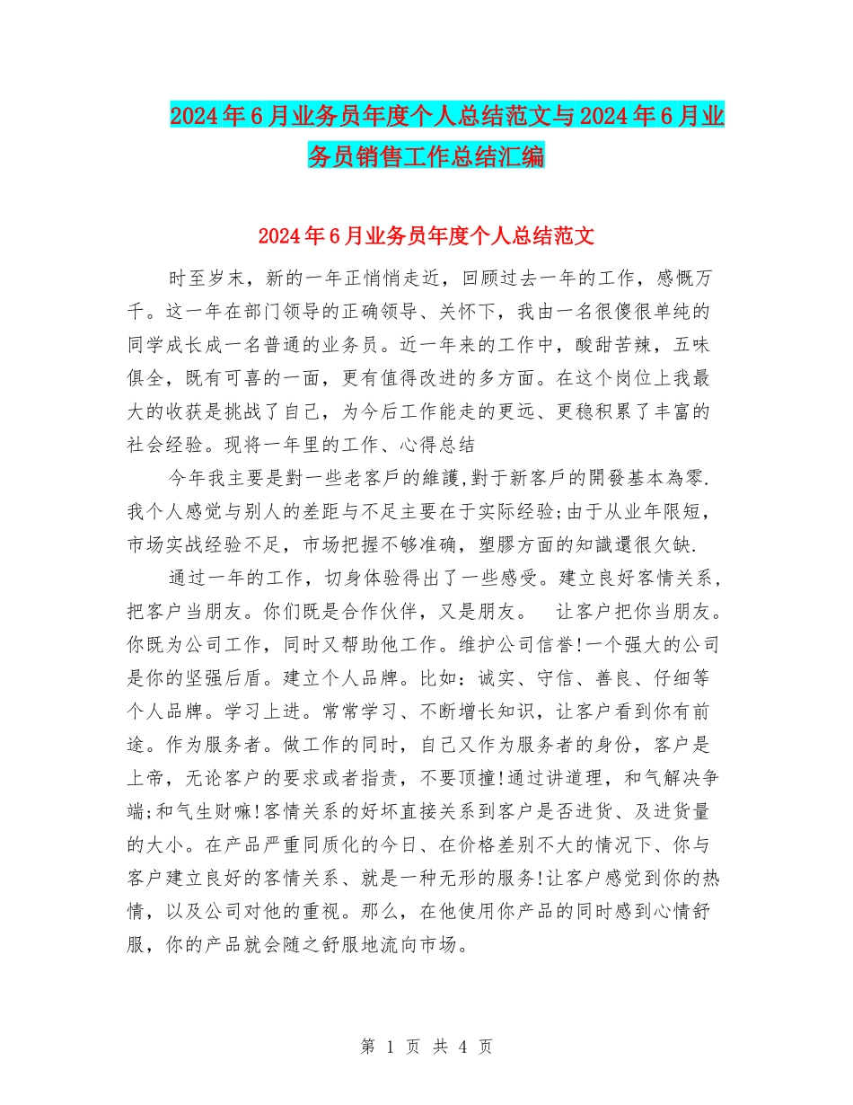 2024年6月业务员年度个人总结范文与2024年6月业务员销售工作总结汇编_第1页