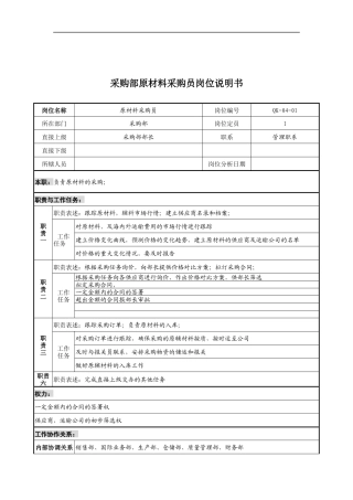 采购部原材料采购员岗位说明书