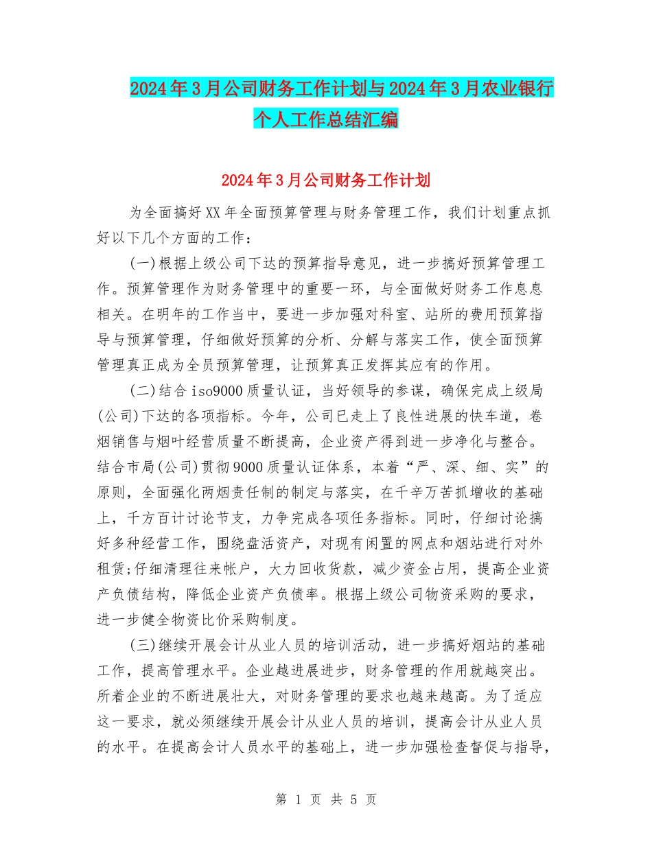 2024年3月公司财务工作计划与2024年3月农业银行个人工作总结汇编_第1页
