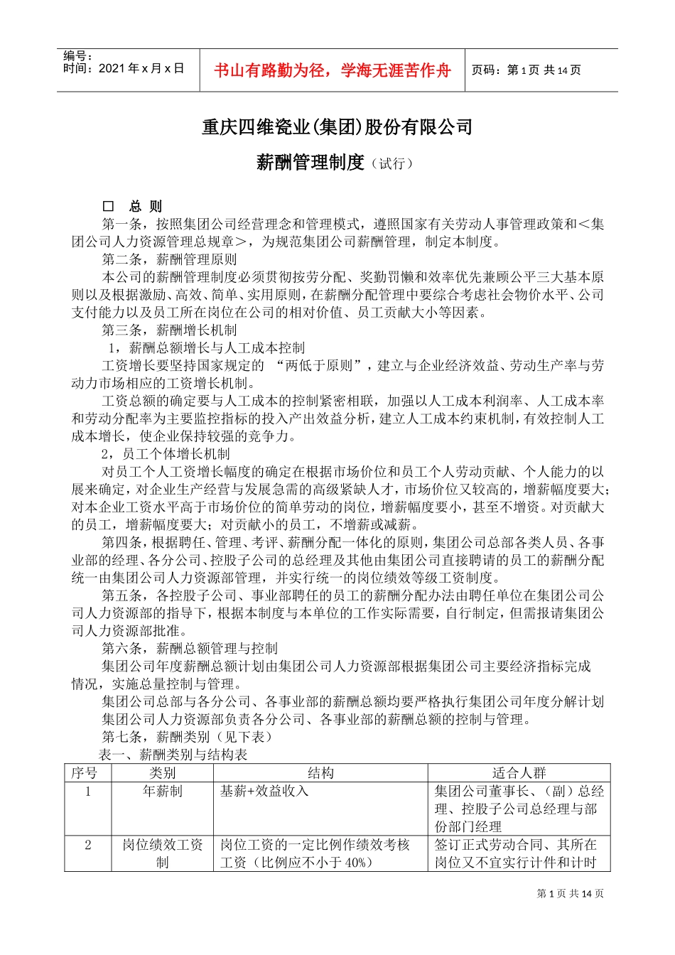 重庆某某瓷业有限公司薪酬管理制度_第1页