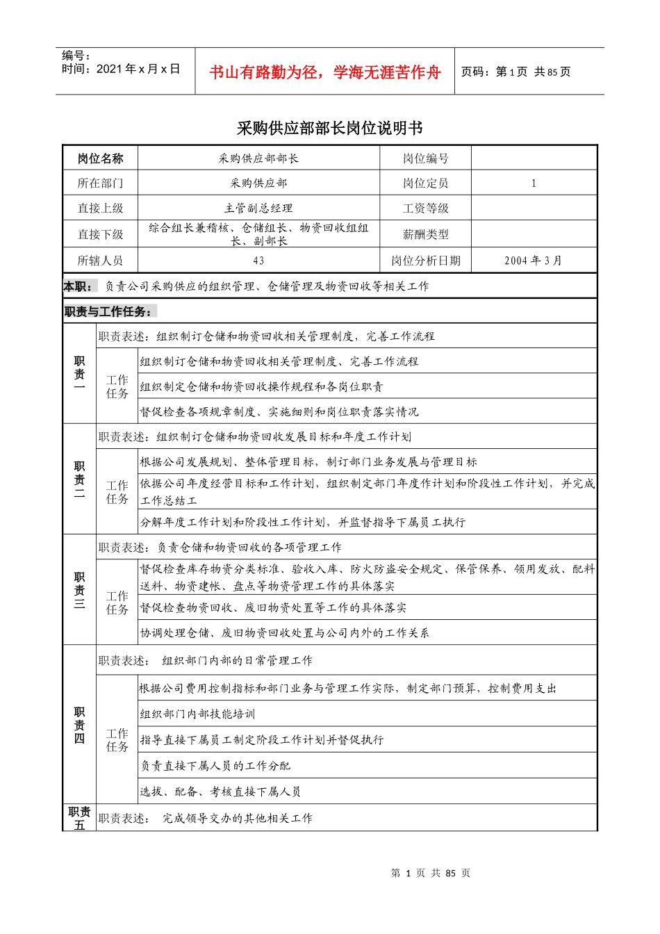 采购供应部部长岗位说明书_第1页