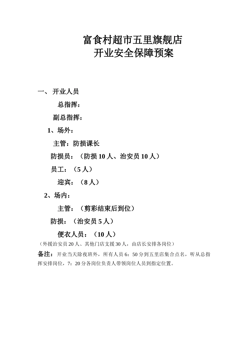 富食村超市五里旗舰店开业安全预案_第1页