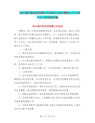 2024银行职员试用期工作总结与2024销售11月工作个人工作总结汇编