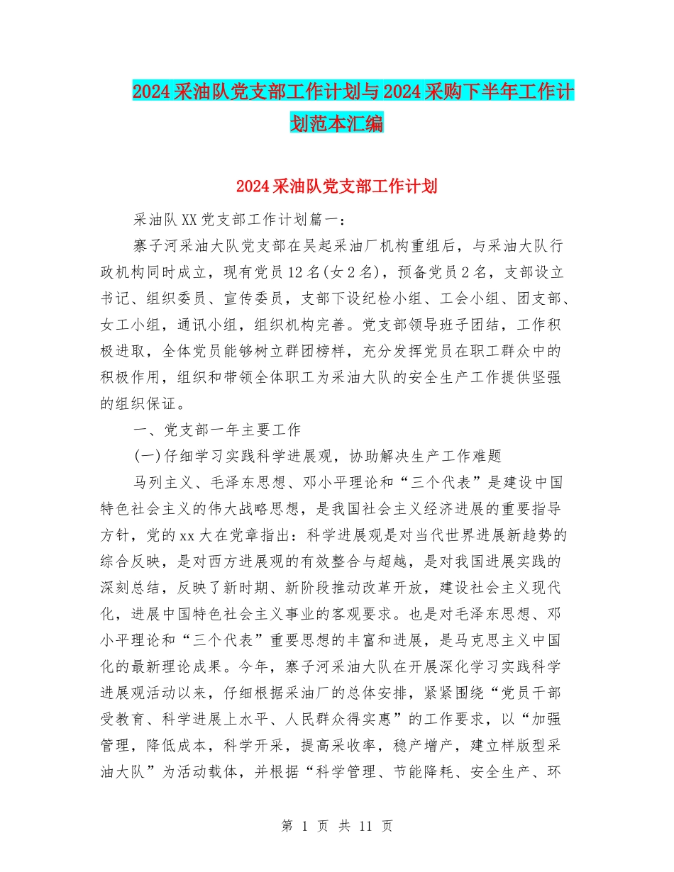 2024采油队党支部工作计划与2024采购下半年工作计划范本汇编_第1页