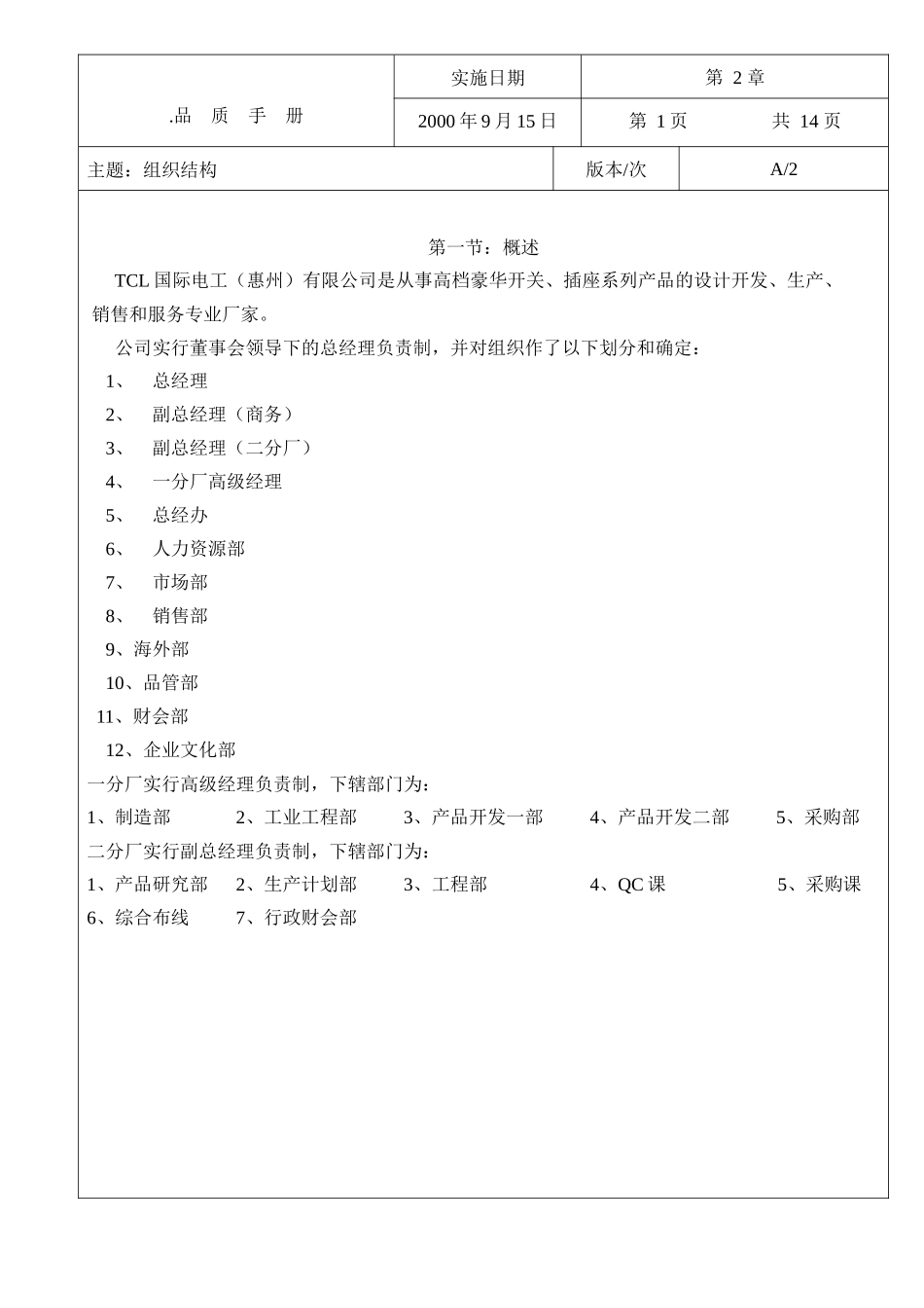 某企业组织结构与工作职责描述_第1页