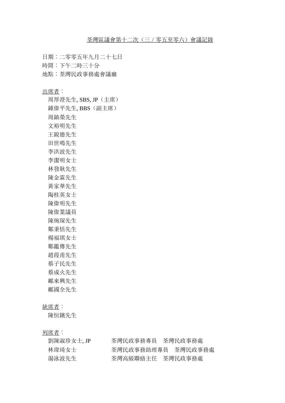 荃湾区议会第十二次(三零五至零六)会议记录_第1页