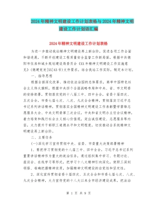 2024年精神文明建设工作计划表格与2024年精神文明建设工作计划语汇编